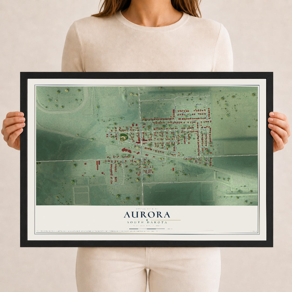 Map of Aurora, South Dakota, 12 x 18 inch print in a black wood frame