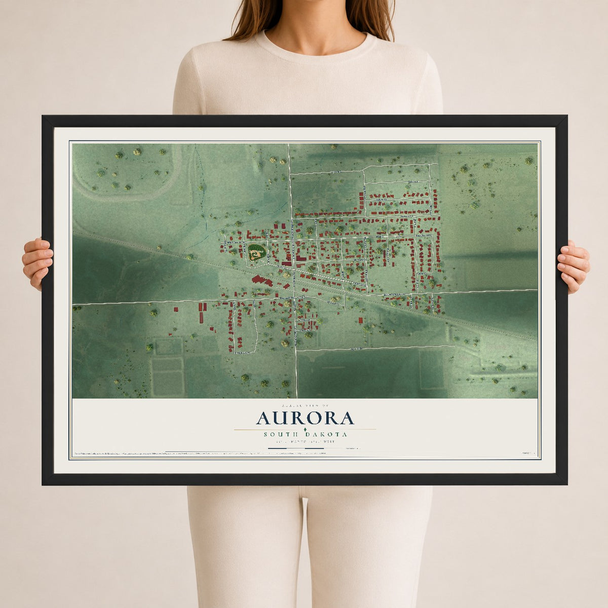 Map of Aurora, South Dakota, 24 x 36 inch print in a black wood frame