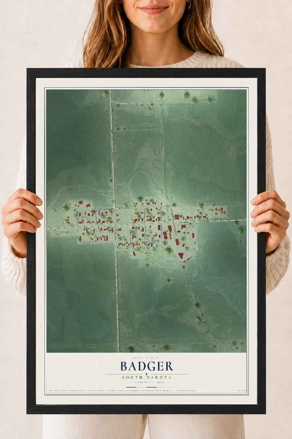 Map of Badger, South Dakota, 18 x 24 inch print in a black wood frame