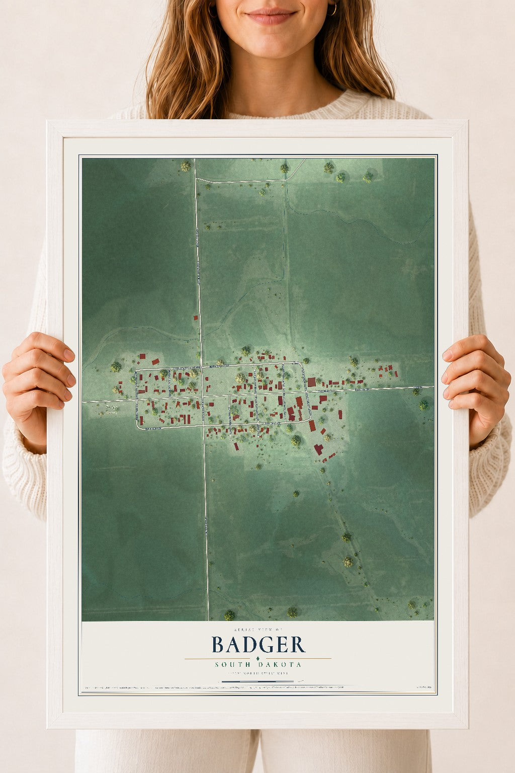 Map of Badger, South Dakota, 18 x 24 inch print in a white wood frame