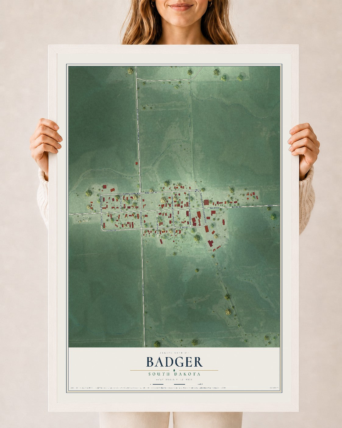 Map of Badger, South Dakota, 24 x 36 inch print in a white wood frame