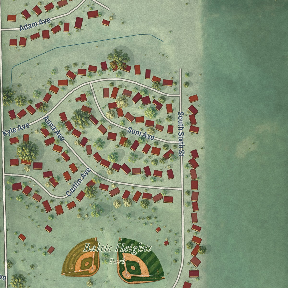Second close-up of the map of Baltic, South Dakota print showing more streets and buildings