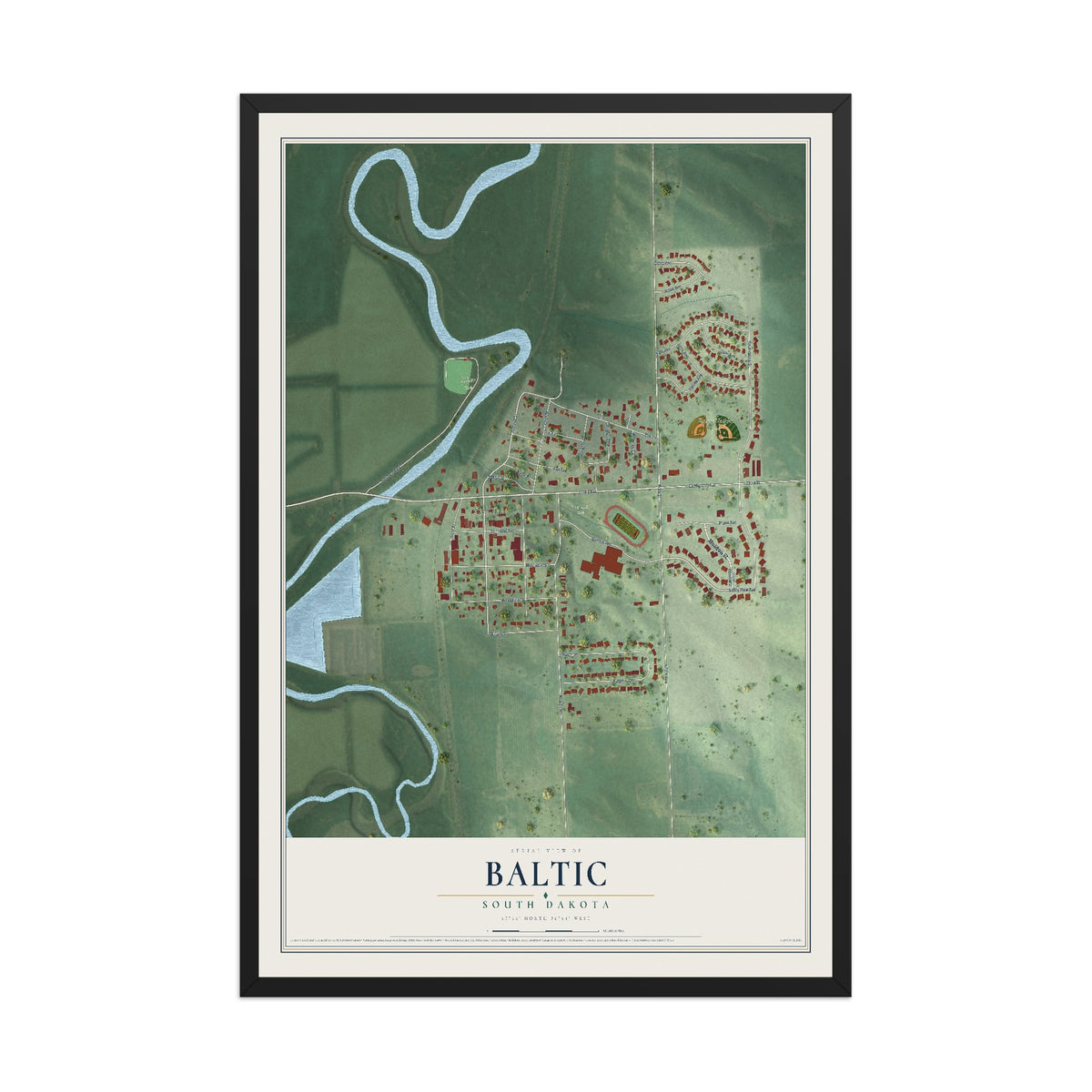 Map of Baltic, South Dakota, 12 x 18 inch print in a black wood frame
