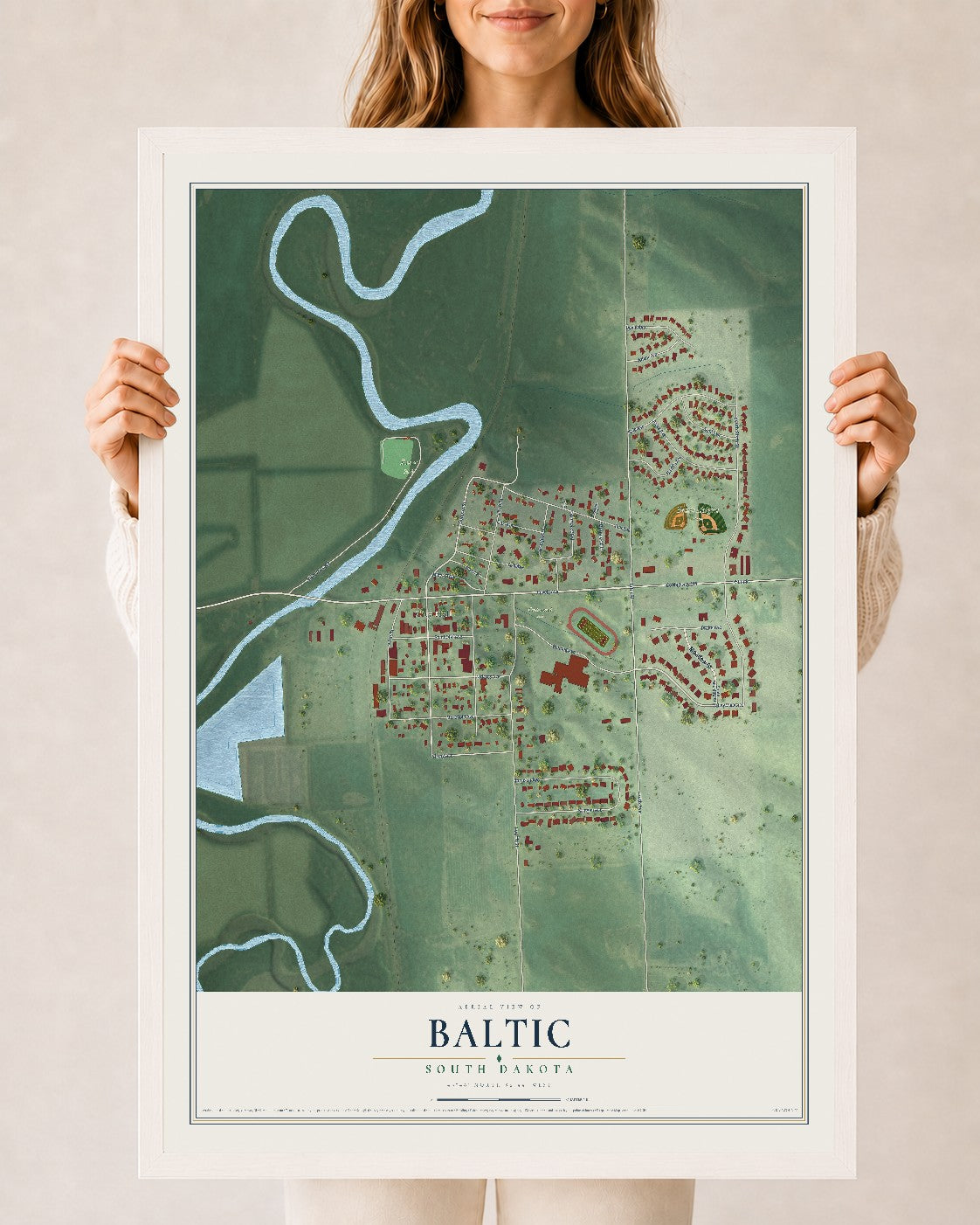 Map of Baltic, South Dakota, 24 x 36 inch print in a white wood frame