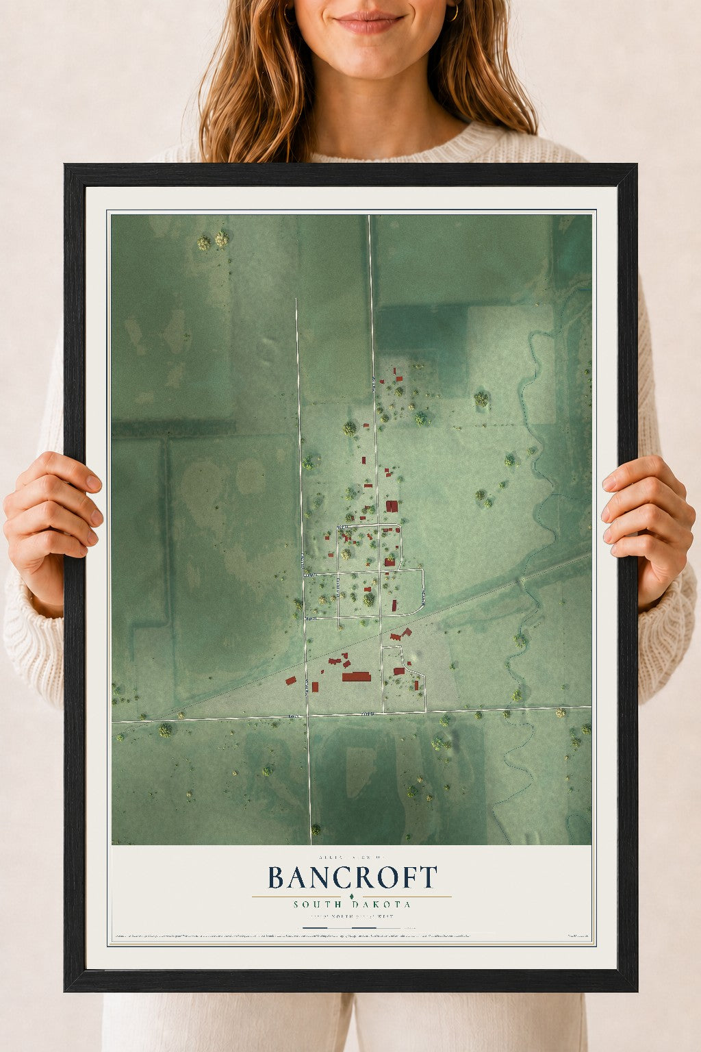 Map of Bancroft, South Dakota, 18 x 24 inch print in a black wood frame