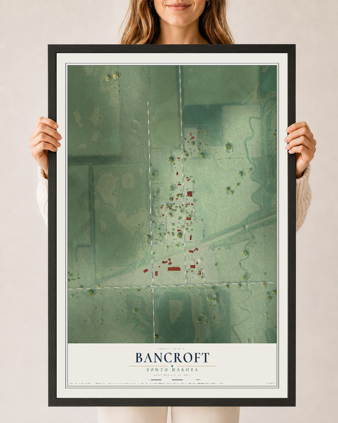 Map of Bancroft, South Dakota, 24 x 36 inch print in a black wood frame