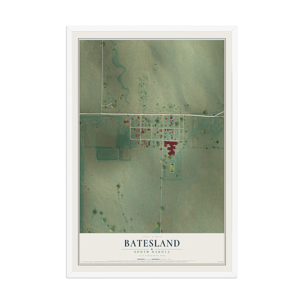 Map of Batesland, South Dakota, 12 x 18 inch print in a white wood frame