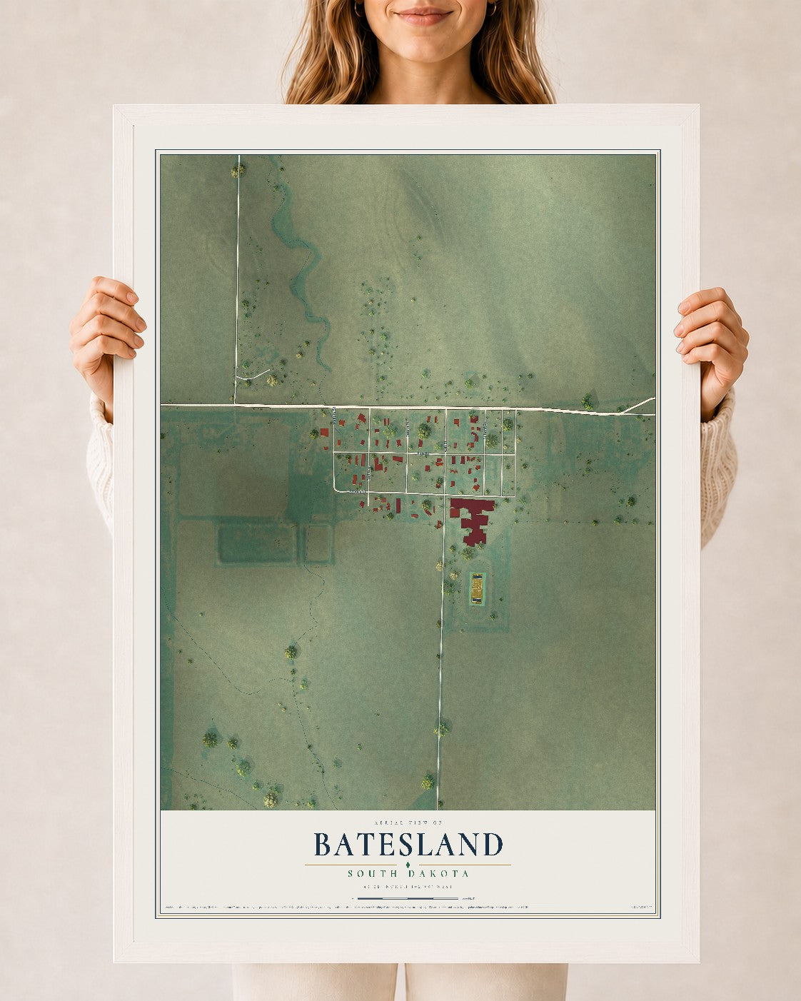 Map of Batesland, South Dakota, 24 x 36 inch print in a white wood frame