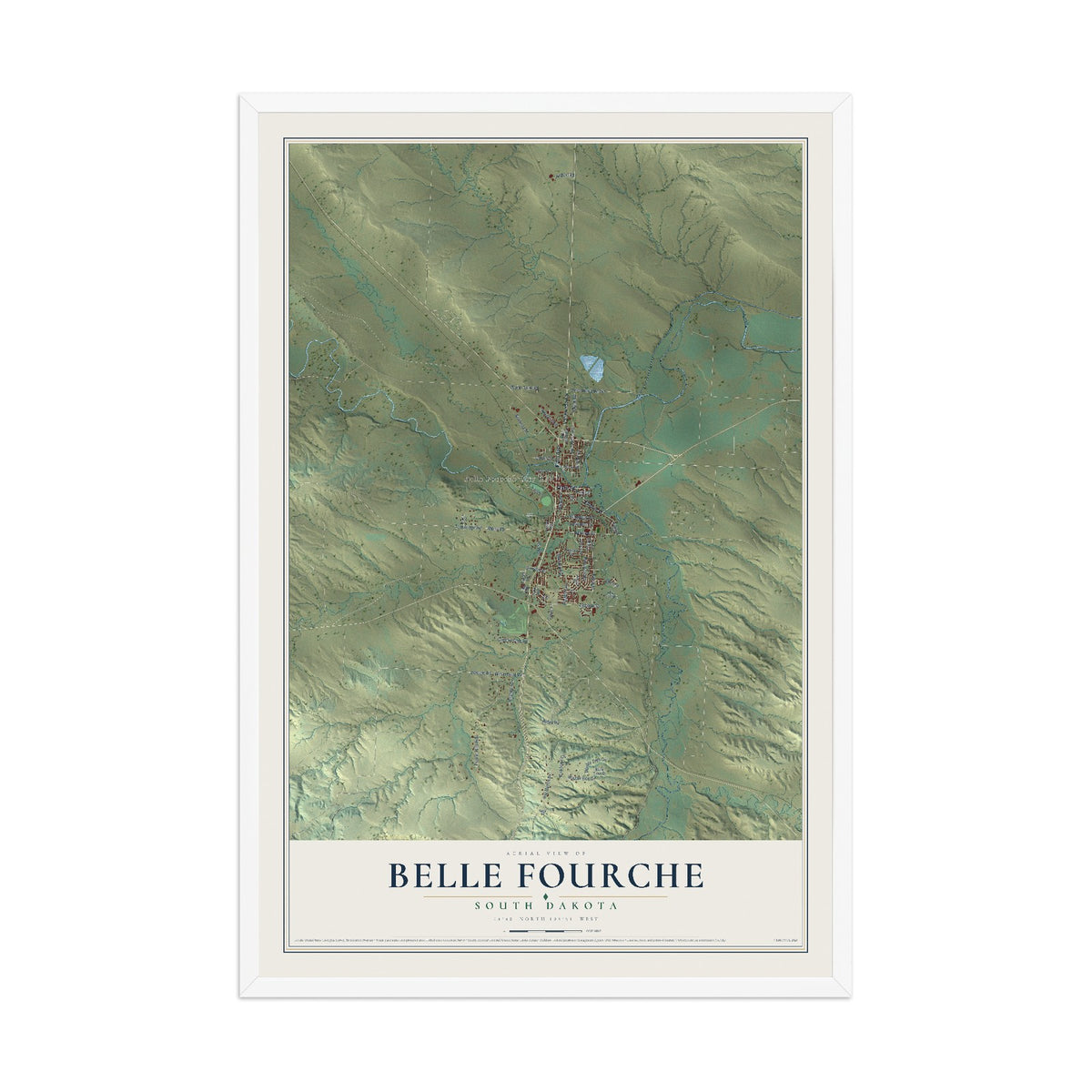 Map of Belle Fourche, South Dakota, 12 x 18 inch print in a white wood frame