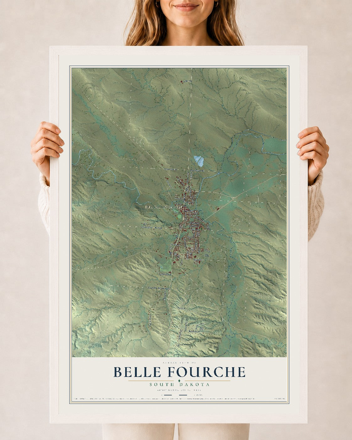 Map of Belle Fourche, South Dakota, 24 x 36 inch print in a white wood frame