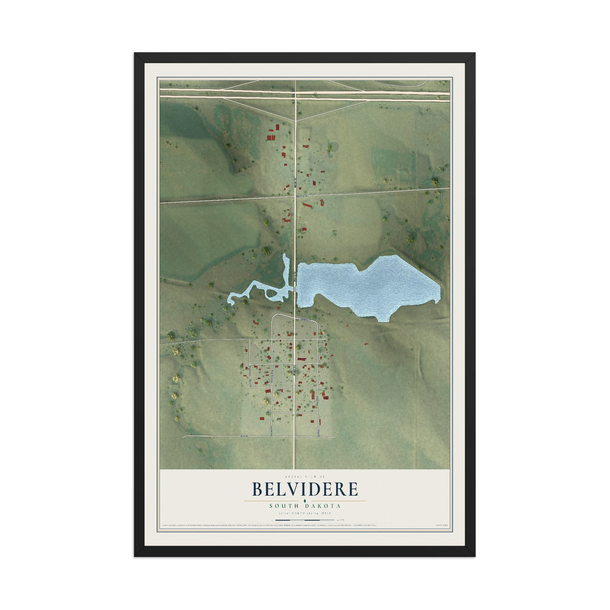 Map of Belvidere, South Dakota, 12 x 18 inch print in a black wood frame
