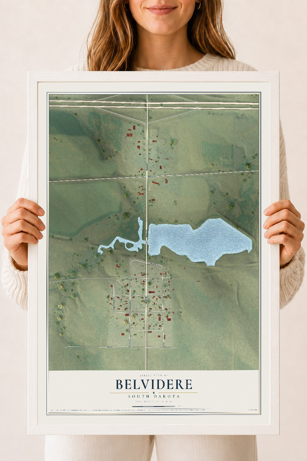 Map of Belvidere, South Dakota, 18 x 24 inch print in a white wood frame