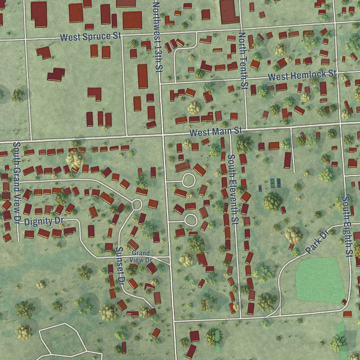 Second close-up of the map of Beresford, South Dakota print showing more streets and buildings