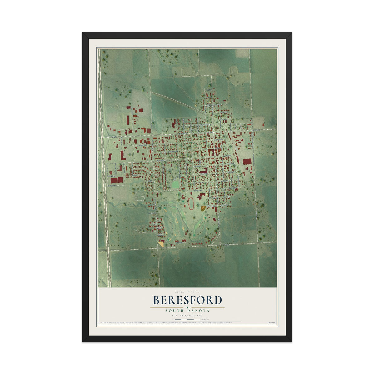 Map of Beresford, South Dakota, 12 x 18 inch print in a black wood frame
