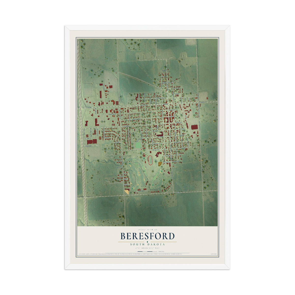 Map of Beresford, South Dakota, 12 x 18 inch print in a white wood frame