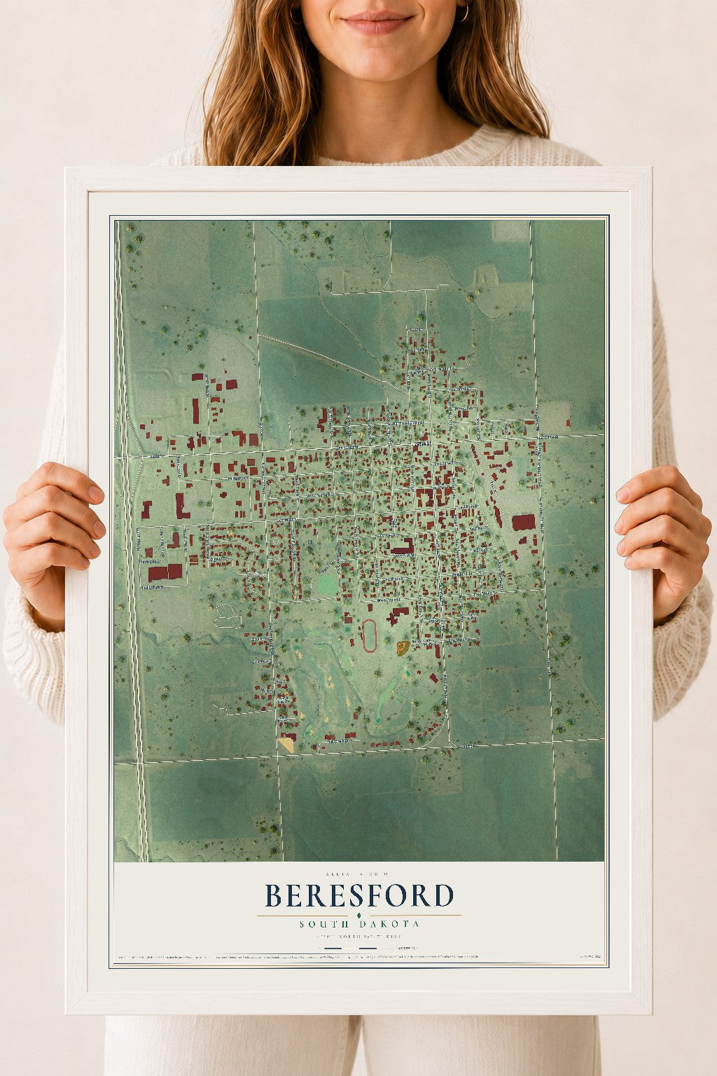 Map of Beresford, South Dakota, 18 x 24 inch print in a white wood frame