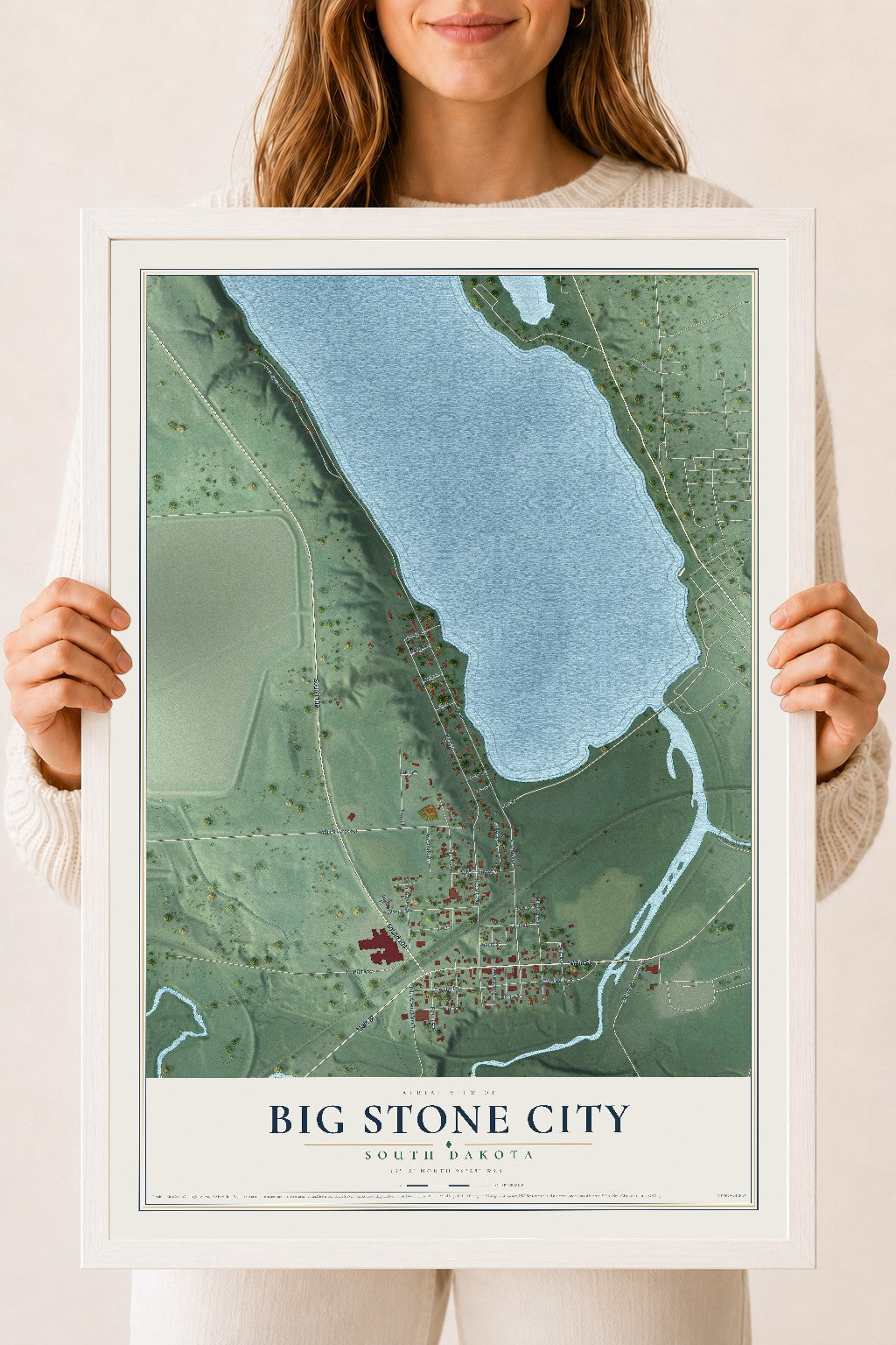 Map of Big Stone City, South Dakota, 18 x 24 inch print in a white wood frame