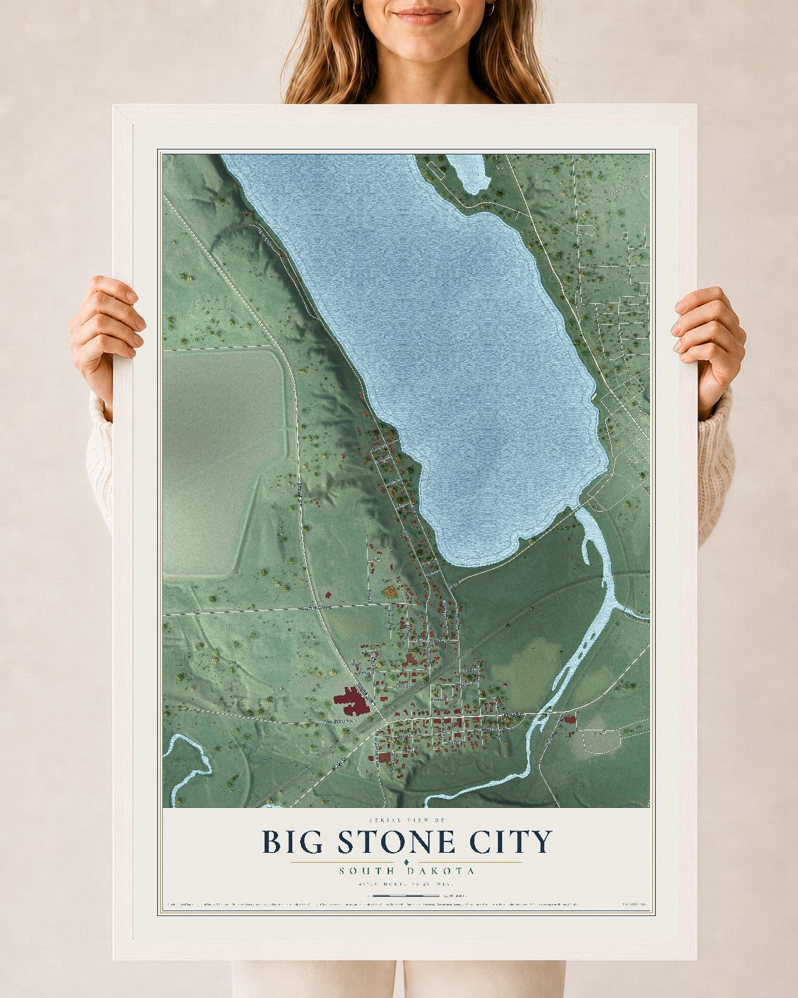 Map of Big Stone City, South Dakota, 24 x 36 inch print in a white wood frame