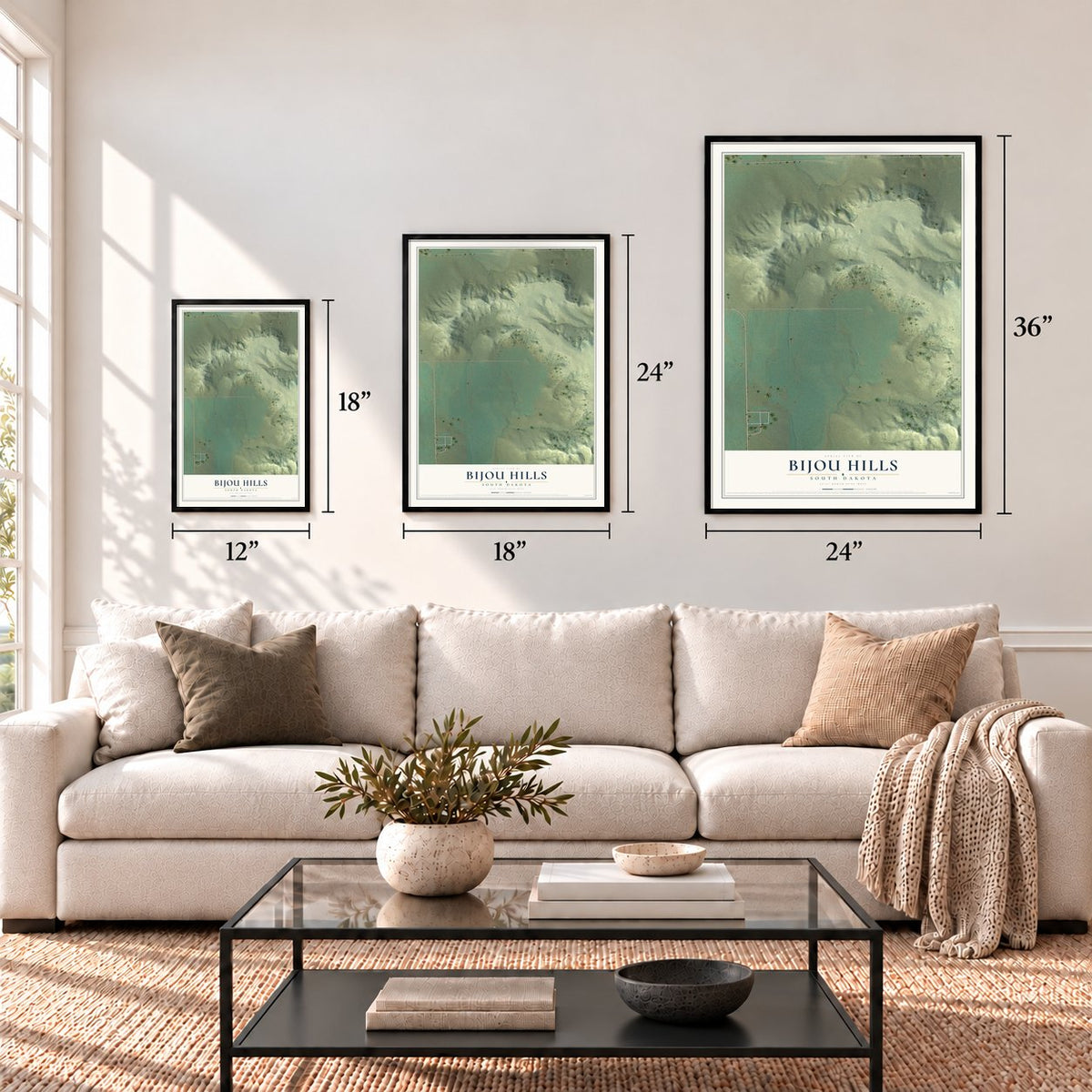 Bijou Hills, South Dakota map in 12 x 18, 18 x 24 and 24 x 36 inch sizes above a sofa