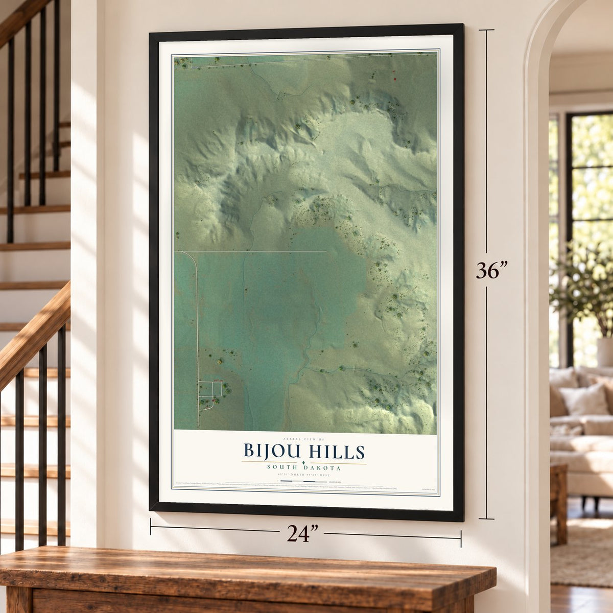 Bijou Hills, South Dakota map, 24 x 36 inch print in a black frame by a staircase