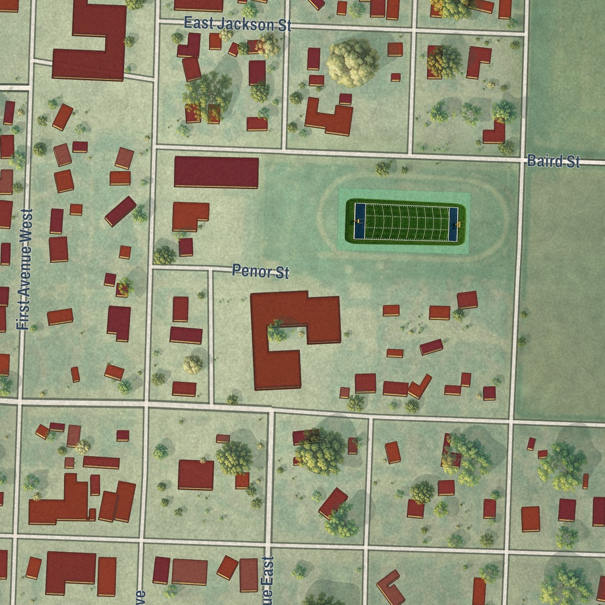 Close-up of the map of Bison, South Dakota print showing street and building detail