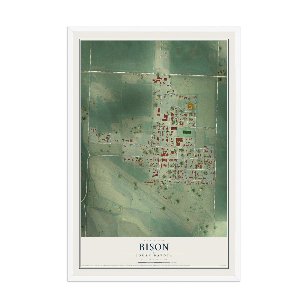 Map of Bison, South Dakota, 12 x 18 inch print in a white wood frame