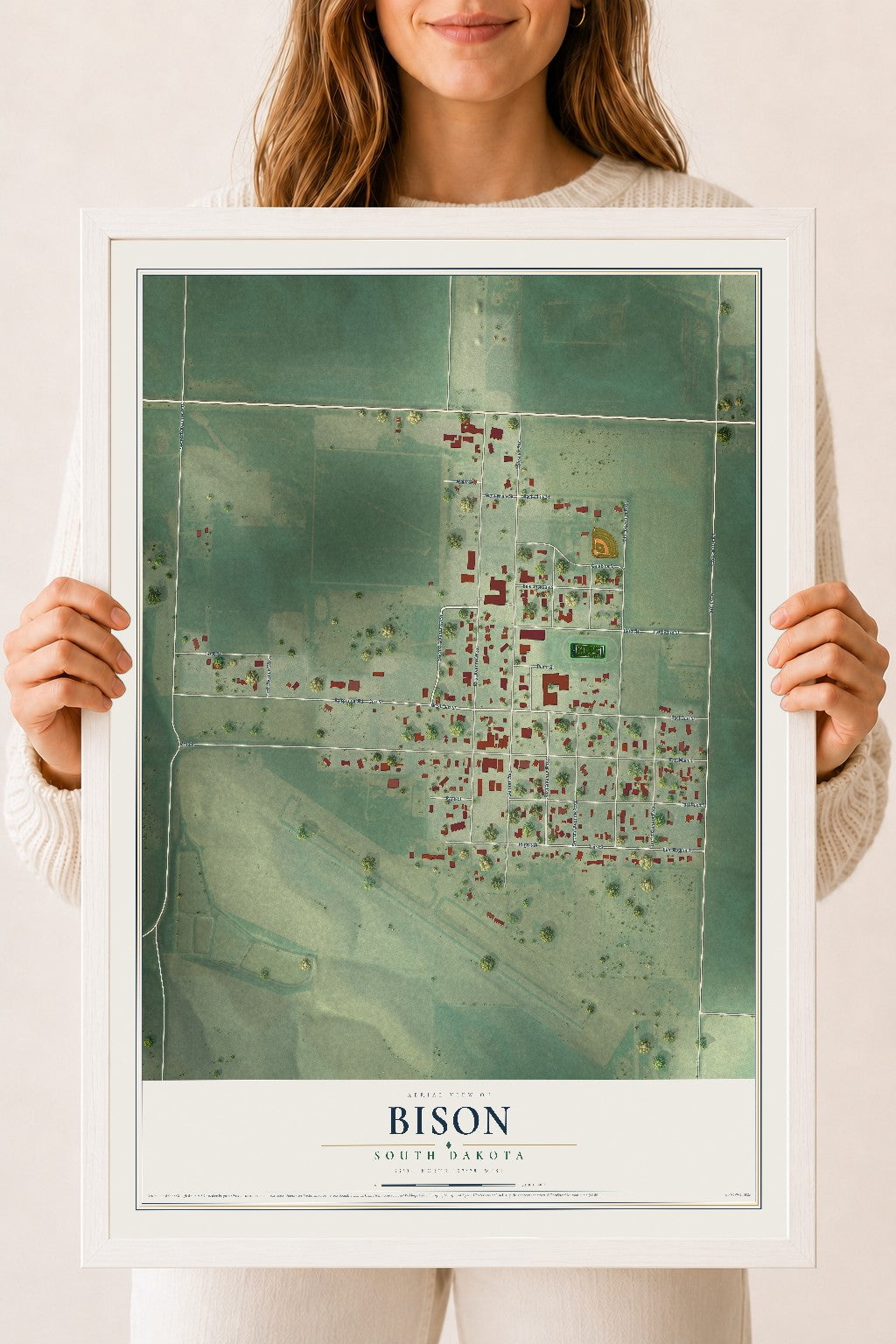 Map of Bison, South Dakota, 18 x 24 inch print in a white wood frame