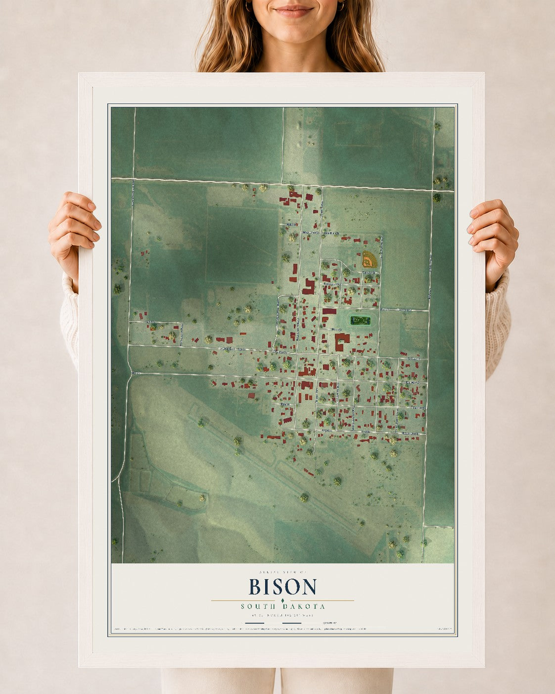 Map of Bison, South Dakota, 24 x 36 inch print in a white wood frame