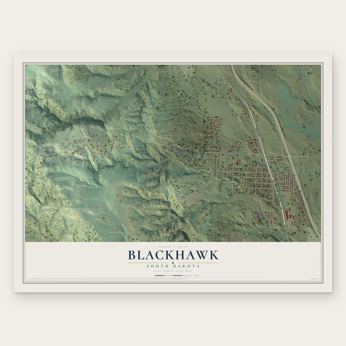 Blackhawk, South Dakota map print, the full design