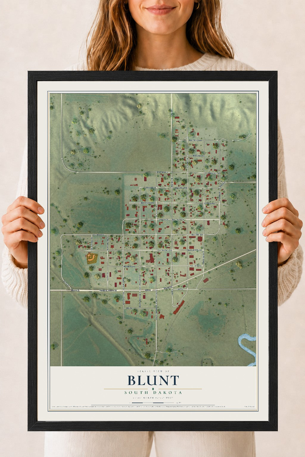 Map of Blunt, South Dakota, 18 x 24 inch print in a black wood frame