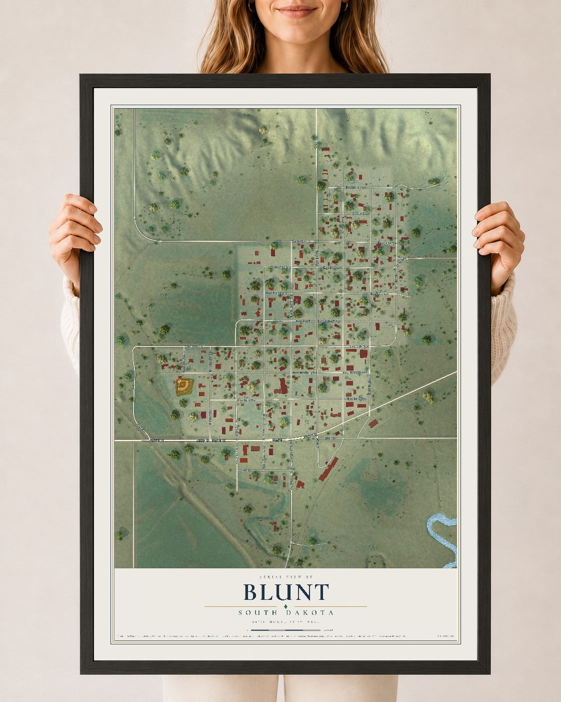 Map of Blunt, South Dakota, 24 x 36 inch print in a black wood frame