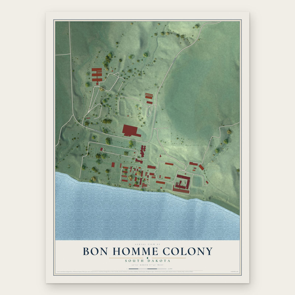 Bon Homme Colony, South Dakota map print, the full design