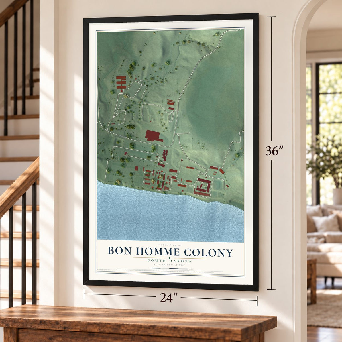 Bon Homme Colony, South Dakota map, 24 x 36 inch print in a black frame by a staircase