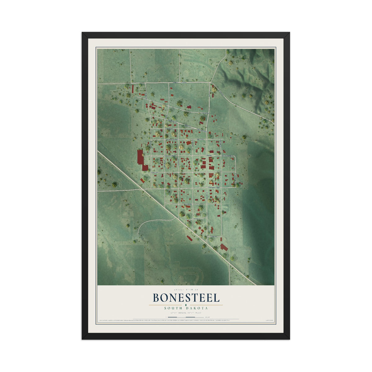 Map of Bonesteel, South Dakota, 12 x 18 inch print in a black wood frame