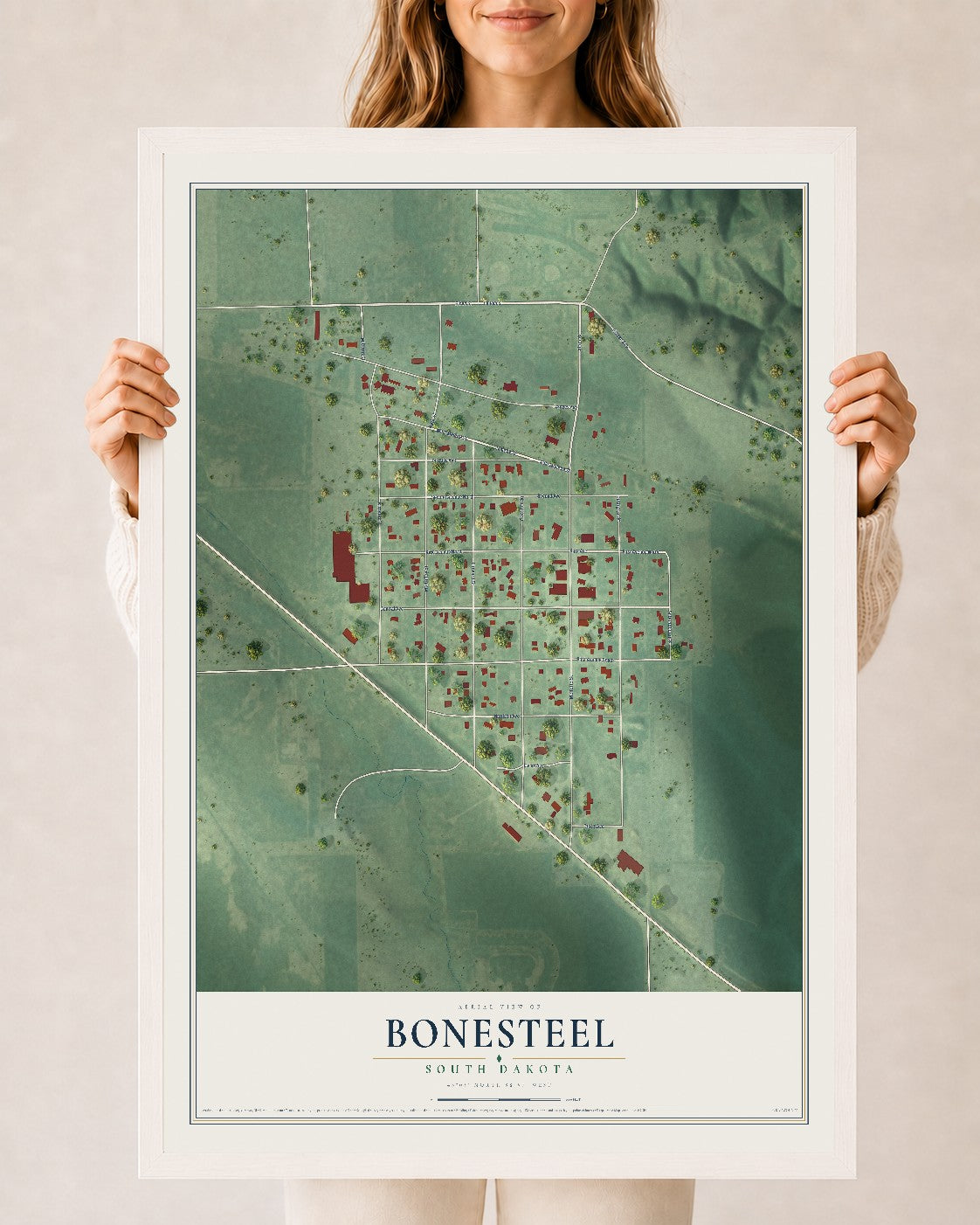 Map of Bonesteel, South Dakota, 24 x 36 inch print in a white wood frame