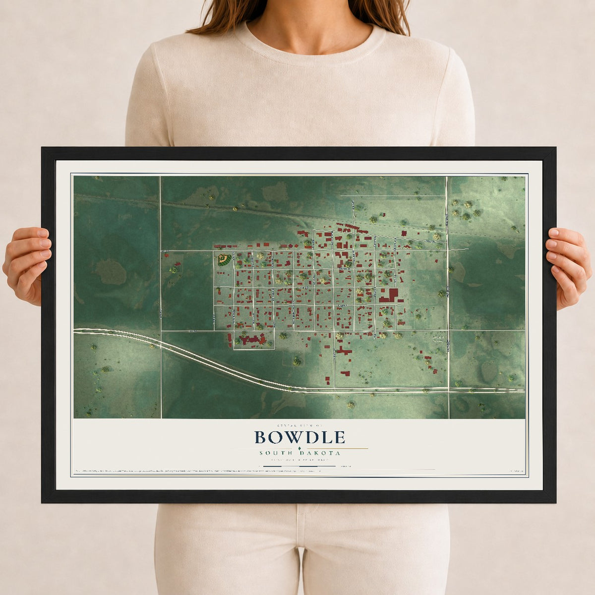 Map of Bowdle, South Dakota, 12 x 18 inch print in a black wood frame