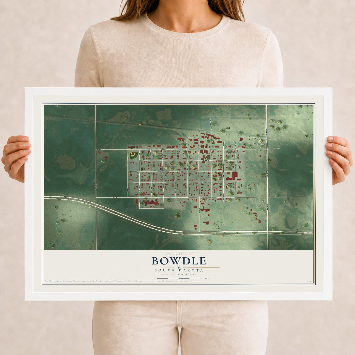 Map of Bowdle, South Dakota, 12 x 18 inch print in a white wood frame