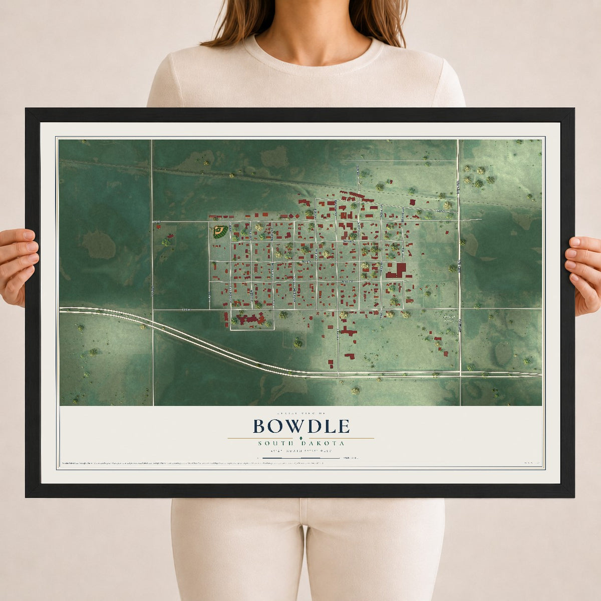 Map of Bowdle, South Dakota, 18 x 24 inch print in a black wood frame