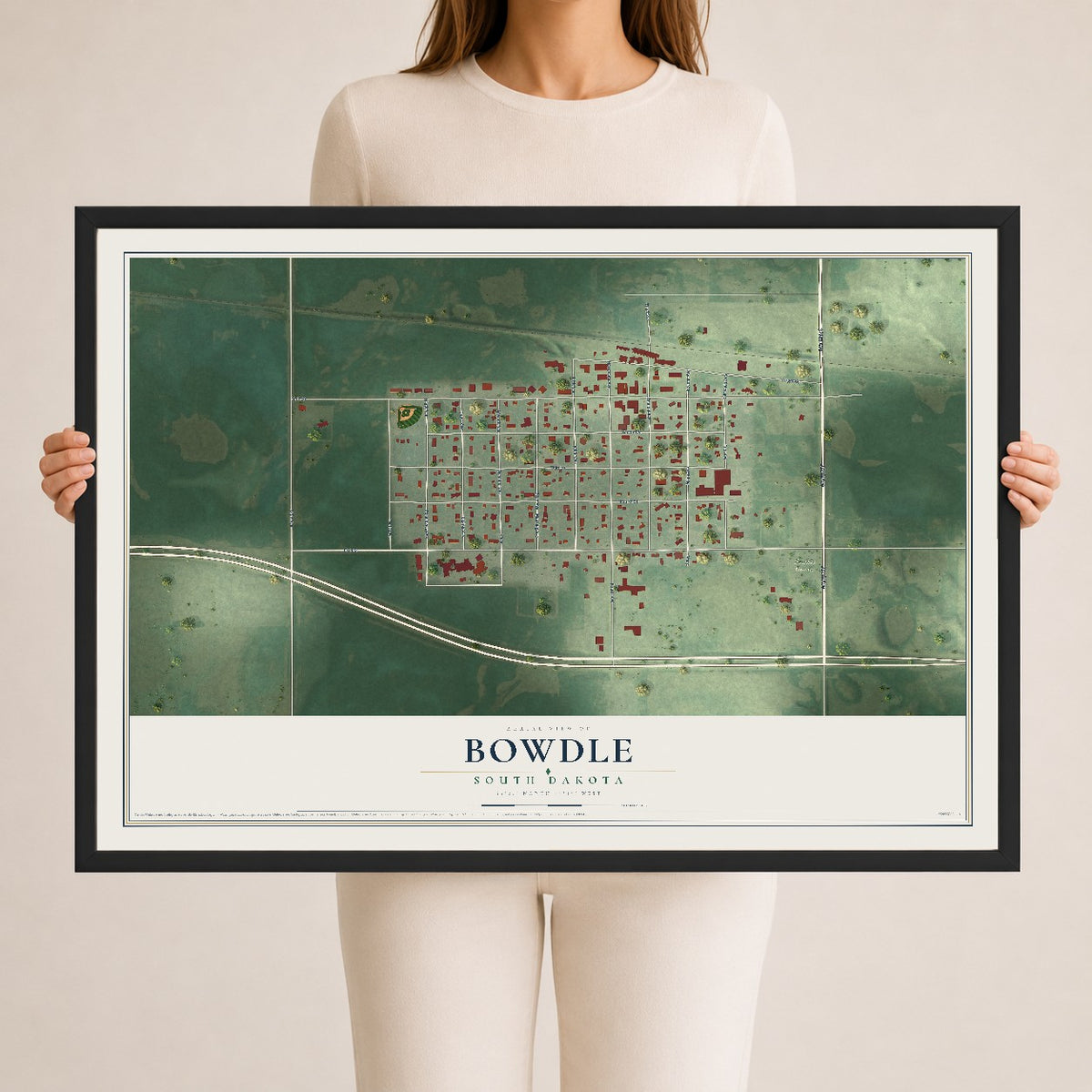 Map of Bowdle, South Dakota, 24 x 36 inch print in a black wood frame