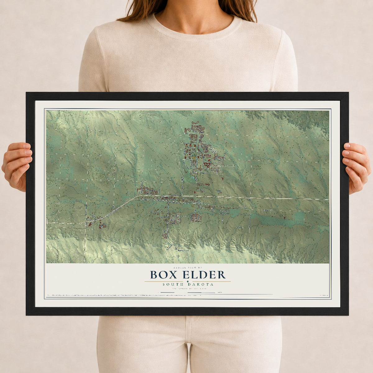 Map of Box Elder, South Dakota, 12 x 18 inch print in a black wood frame