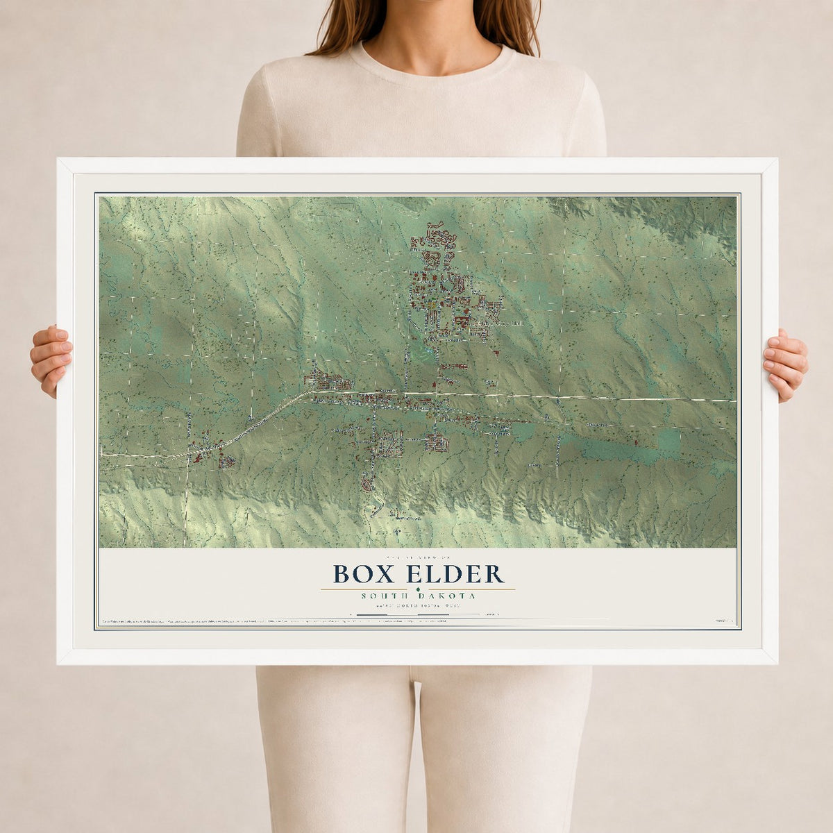 Map of Box Elder, South Dakota, 24 x 36 inch print in a white wood frame