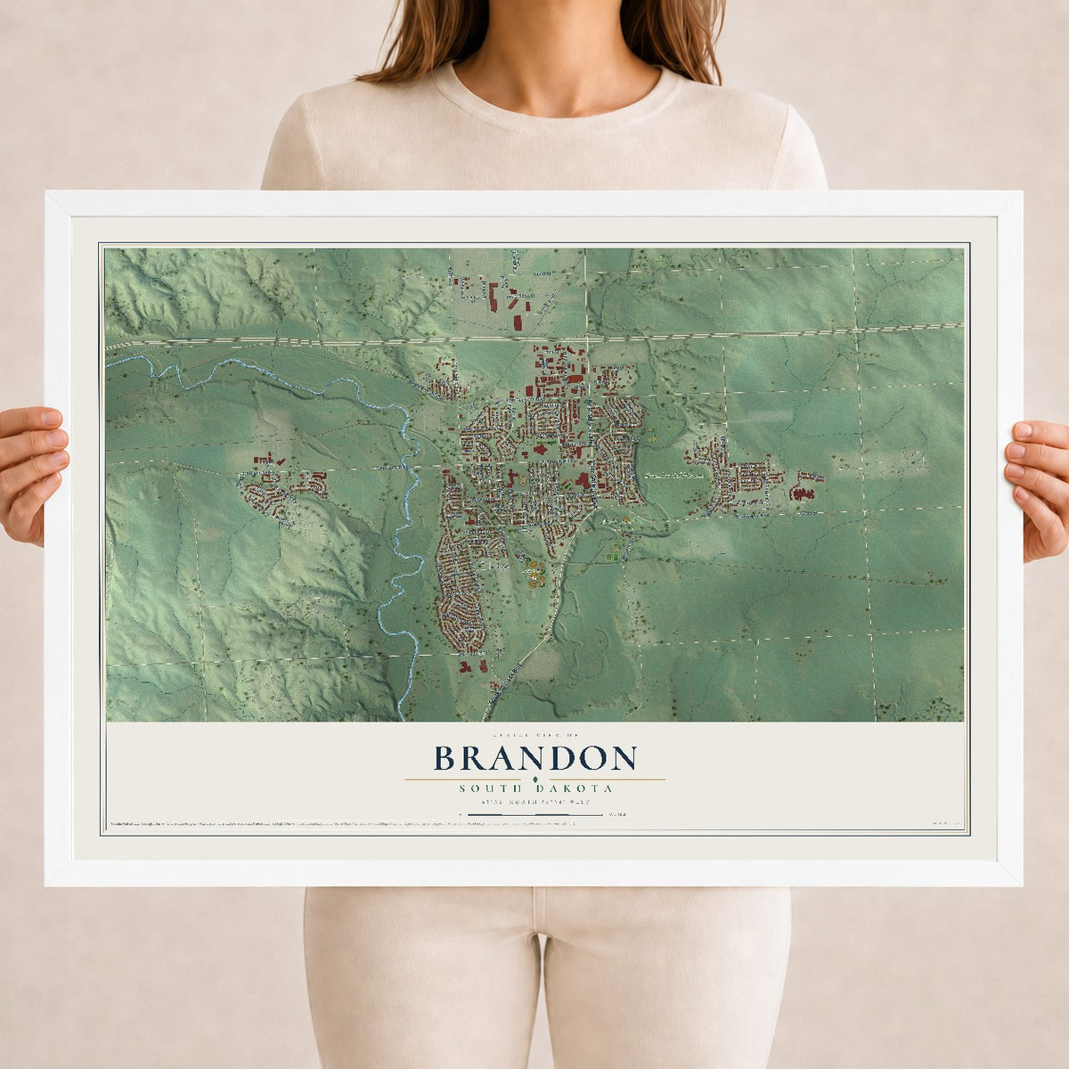 Map of Brandon, South Dakota, 18 x 24 inch print in a white wood frame
