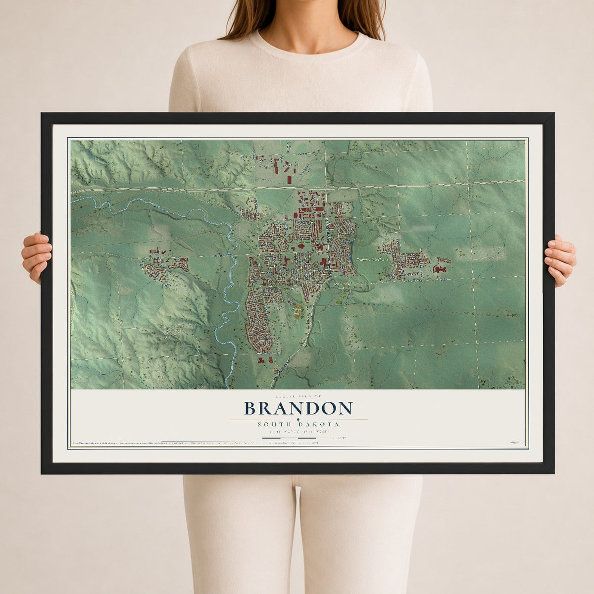 Map of Brandon, South Dakota, 24 x 36 inch print in a black wood frame