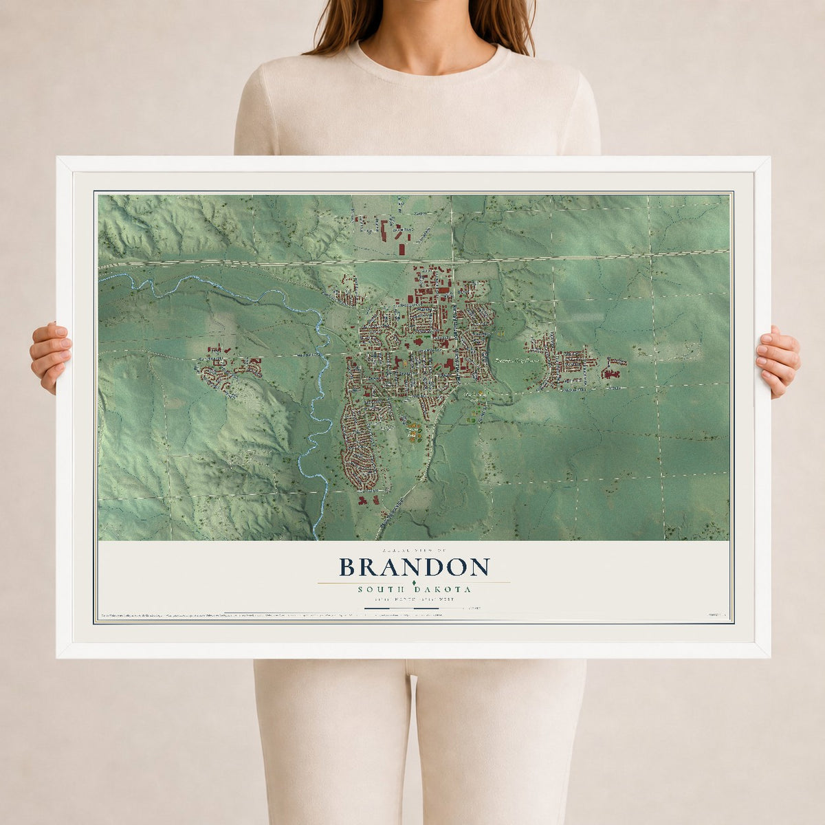 Map of Brandon, South Dakota, 24 x 36 inch print in a white wood frame