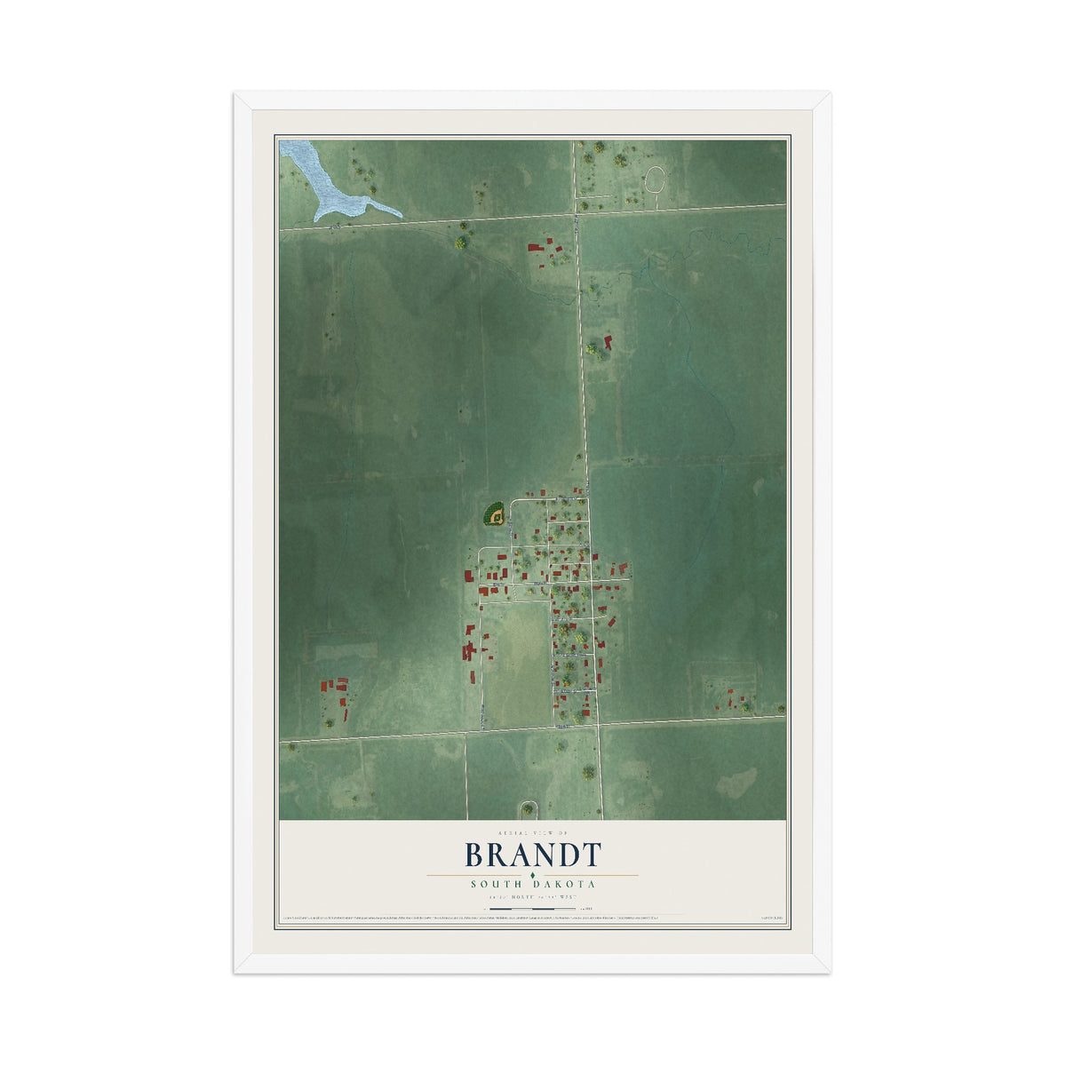 Map of Brandt, South Dakota, 12 x 18 inch print in a white wood frame