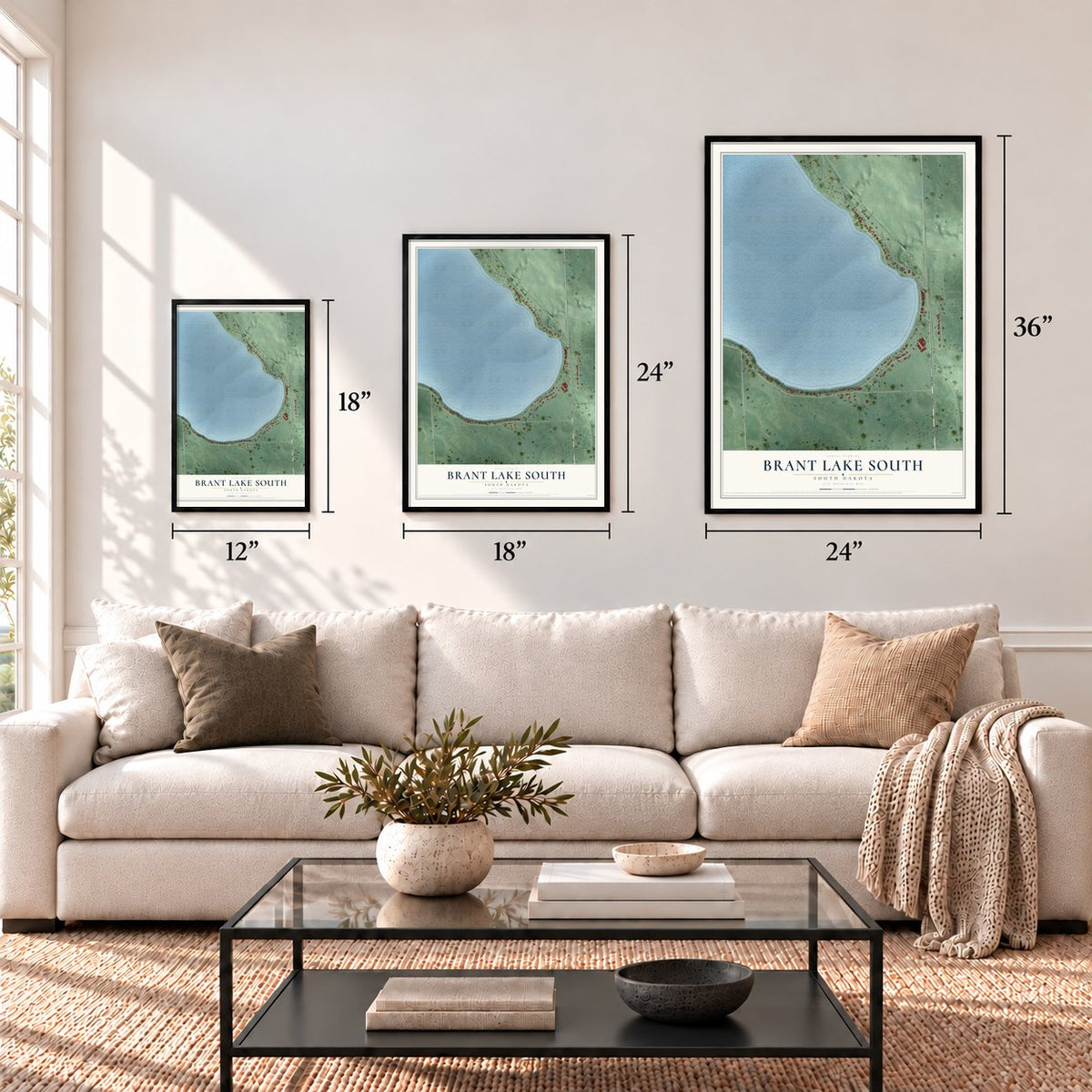 Brant Lake South, South Dakota map in 12 x 18, 18 x 24 and 24 x 36 inch sizes above a sofa