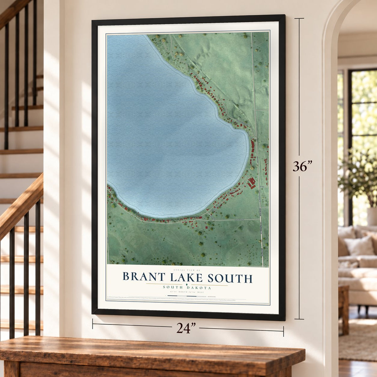 Brant Lake South, South Dakota map, 24 x 36 inch print in a black frame by a staircase