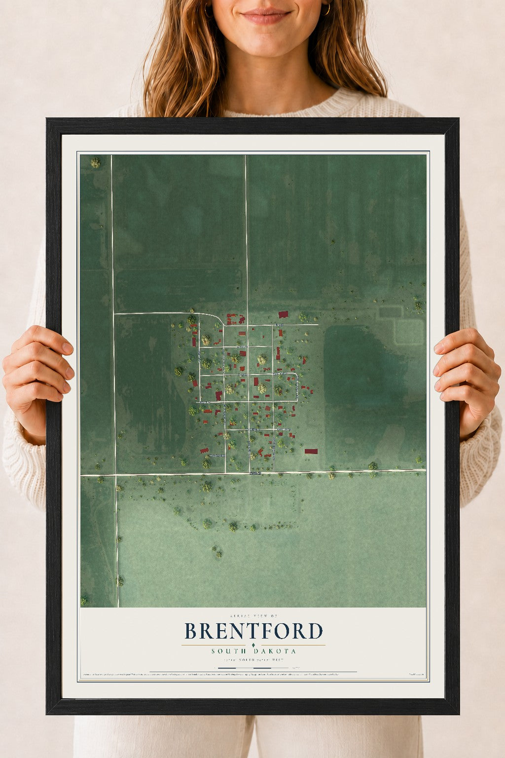 Map of Brentford, South Dakota, 18 x 24 inch print in a black wood frame