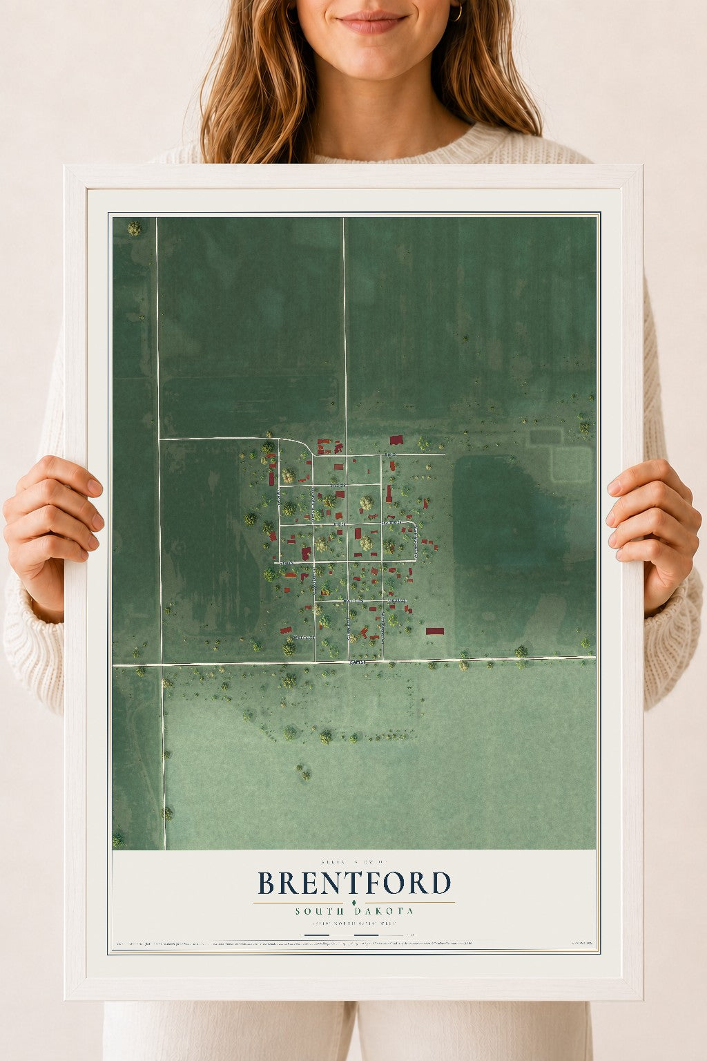 Map of Brentford, South Dakota, 18 x 24 inch print in a white wood frame
