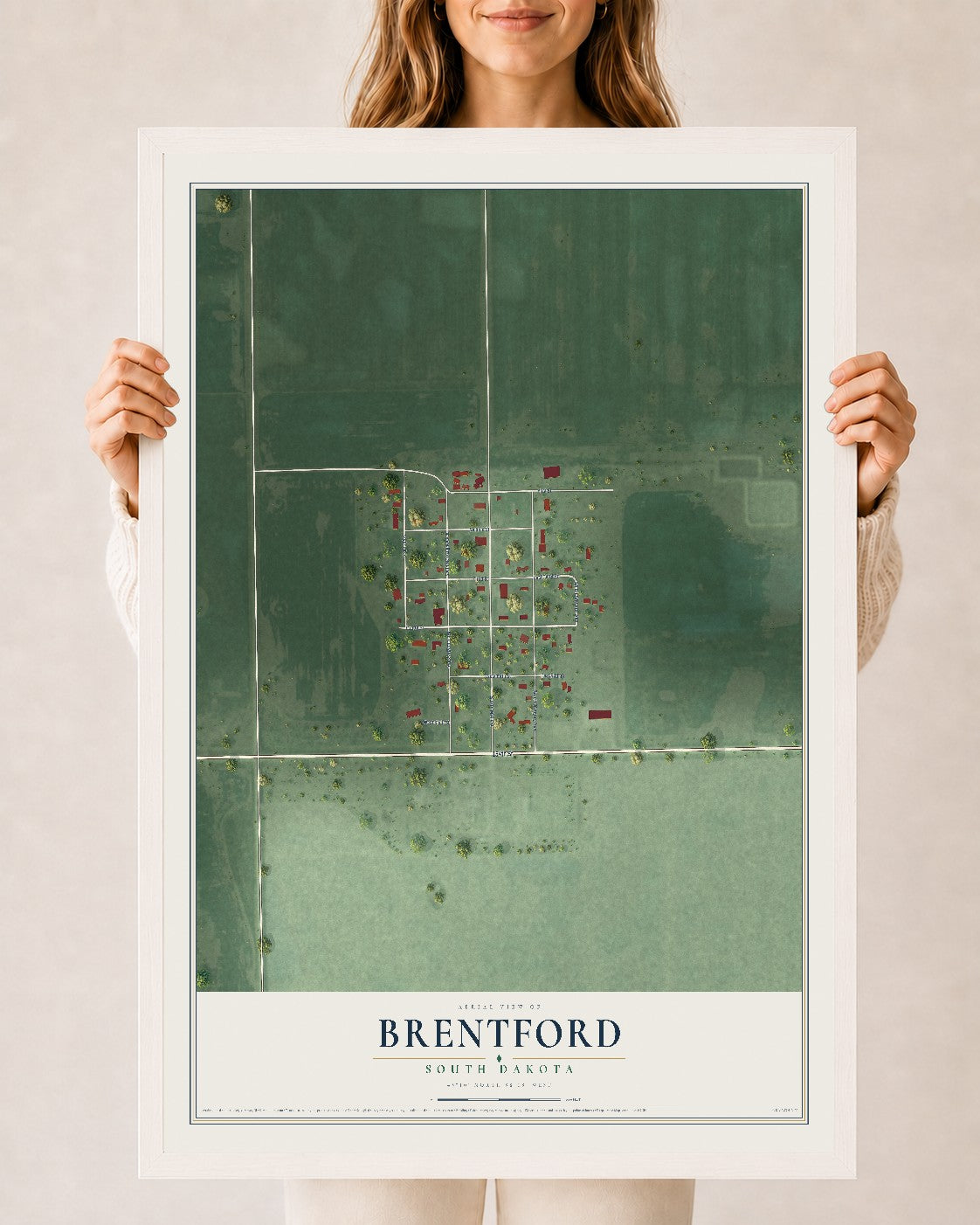 Map of Brentford, South Dakota, 24 x 36 inch print in a white wood frame